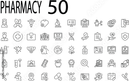 Pharmacy icon set. Editable stroke. Vector illustration.