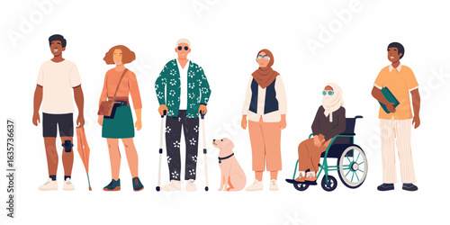 Diverse group of people including individuals with disabilities and a service animal