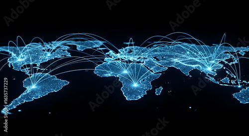 Global Network Connections: World Map with Glowing Nodes and Interconnecting Lines on Black Background
