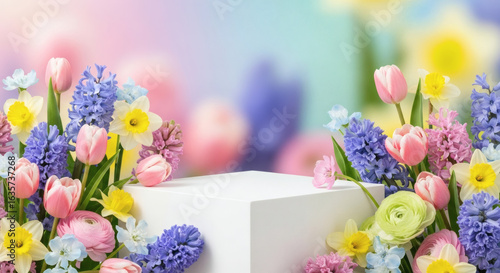 A white pedestal surrounded by a vibrant spring floral arrangement