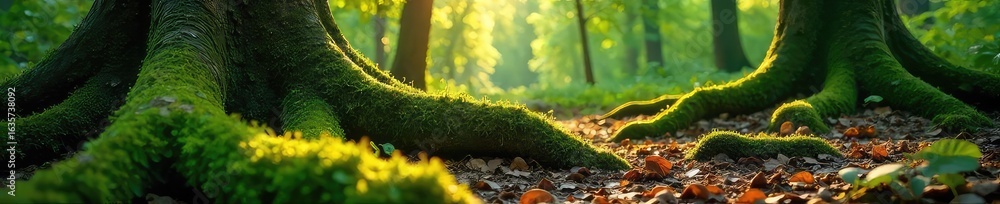 Sun-dappled forest floor, vibrant green moss covering ancient tree roots, dappled sunlight filtering through leaves A tranquil scene of woodland peace , foliage, growth, green Sun-dappled forest floor, vibrant green moss covering ancient tree roots, dappled sunlight filtering through leaves A tranquil scene of woodland peace , foliage, growth, green