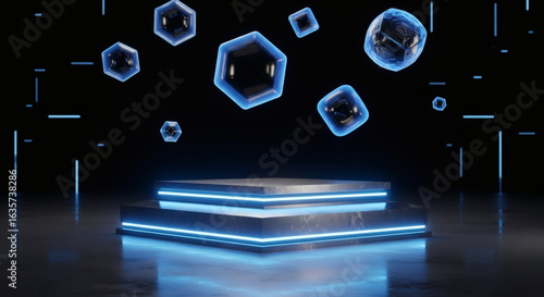 Futuristic glowing platform with abstract geometric shapes