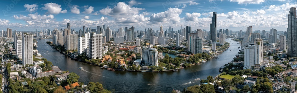 Fototapeta premium The skyline of Bangkok on sunny day, with the Grand Palace, Chao Phraya River prominent, captured from high vantage point. Blue sky with minimal clouds, urban landscape, cityscape photography 
