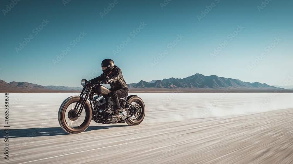Fototapeta premium A rider accelerates on a motorcycle across vast white salt flats with mountains in the background.