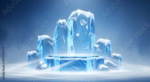 Ethereal ice podium surrounded by mist and glowing light