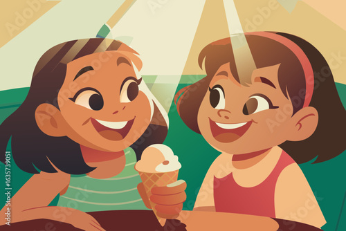 Two girls laughing and sharing ice cream at the table, sunlight playing in their hair