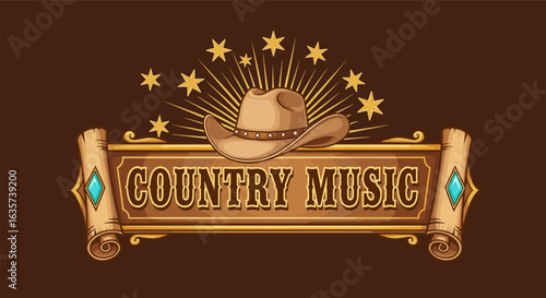 Country music emblem design with a cowboy hat and stars. Retro western style vector graphic logo template on a decorative vintage scroll.