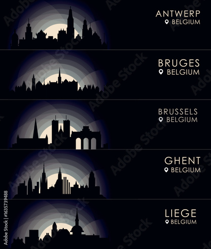 Belgium cities banners with skylines, cityscapes, landmarks shapes. Horizontal panel style travel vector images pack for Antwerp, Bruges, Brussels, Ghent, Liege
