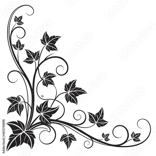 Pink floral vine with green leaves.