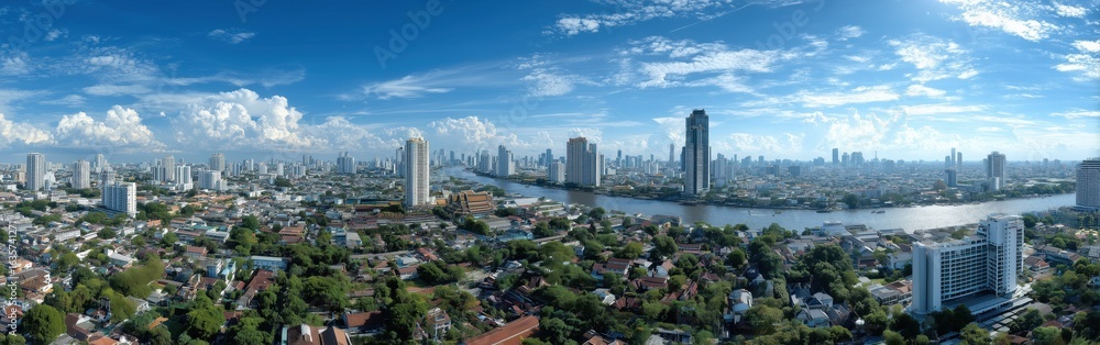 Obraz premium The skyline of Bangkok on sunny day, with the Grand Palace, Chao Phraya River prominent, captured from high vantage point. Blue sky with minimal clouds, urban landscape, cityscape photography
