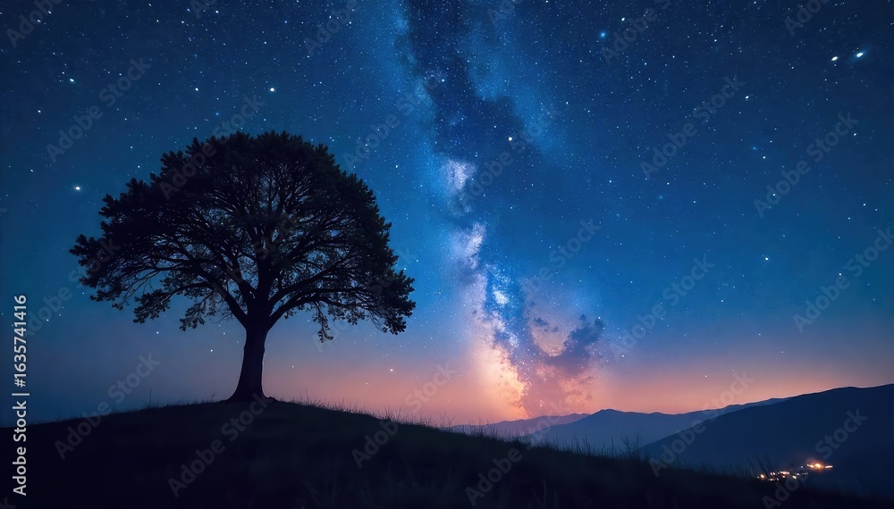 Naklejka premium Silhouette of a lone tree against a star-filled night sky, conveying a sense of peace and spiritual reflection Perfect for meditation, yoga, or spiritual themes , nature, energy