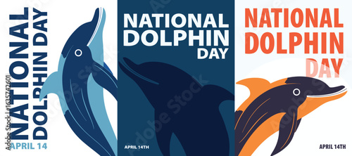 National Dolphin Day poster pack. Vector illustration collection with cute dolphin shape for postcard, celebration, flier in retro and cartoon style