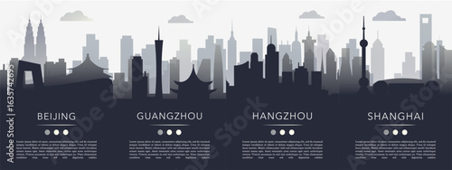 China cities gradient poster pack with copy space, text, skylines, landmarks of  Beijing, Guangzhou, Hangzhou, Shanghai. Vector illustration set. Monochrome travel brochure, flyer, leaflet images