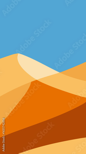 Abstract minimalist desert landscape with rolling sand dunes and clear blue sky