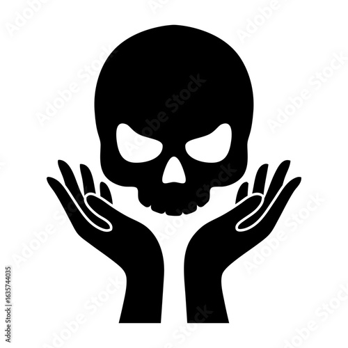 Logo con silueta de calavera humana y manos para tarjetas y felicitaciones de Halloween 