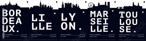 France typography minimalist vector posters for public holiday, independence day layout. Brochure, leaflet, flyer, presentation image template for Bordeaux, Lille, Lyon, Marseille, Toulouse