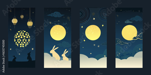 Mid autumn festival night scenes with moon rabbits and lanterns