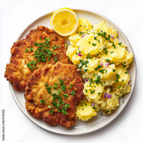 German schnitzel with potato salad and lemon