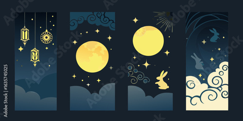 Enchanting night sky with moon rabbits and ornate lanterns
