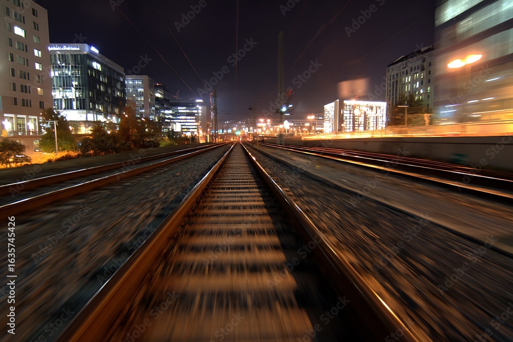 Fototapeta premium Night urban train tracks featuring dynamic motion blur 