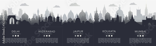 India cities minimalistic poster pack with copy space, text, skylines, landmarks of  Delhi, Hyderabad, Jaipur, Kolkata, Mumbai. Vector illustration set. Monochrome travel images
