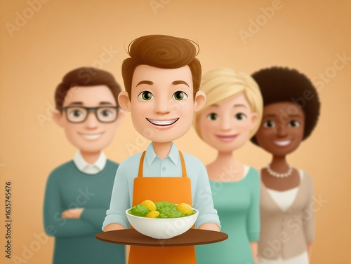 A man holding a bowl of food in front of a group of people.