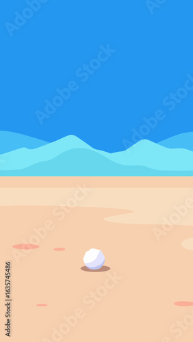 Minimalist flat design of a desert landscape with a single white sphere