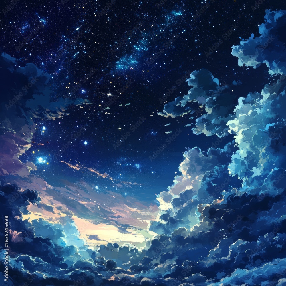 Naklejka premium Space of night sky with cloud and stars.