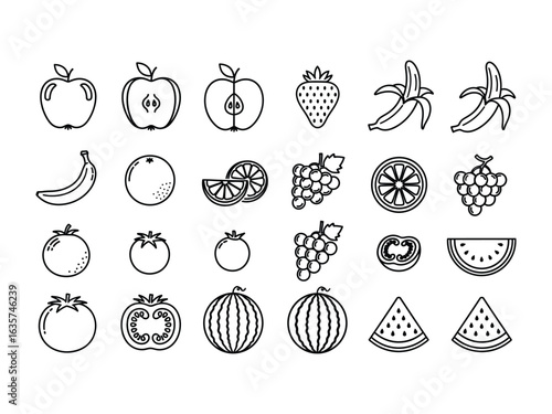 Iconic Fruit Ensemble: A visually compelling graphic illustration showcasing a curated selection of iconic fruit, each rendered in a clean, minimalist line art style.