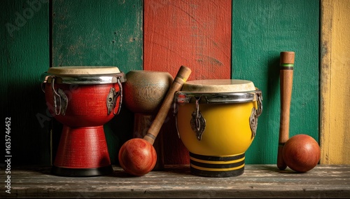 Colorful Brazilian drums and maracas on a wooden background with green, red, and yellow wood planks.