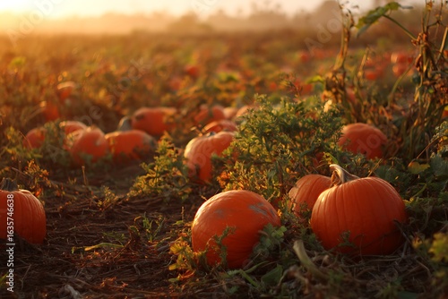 Vibrant orange pumpkins in field under sunset glow  
