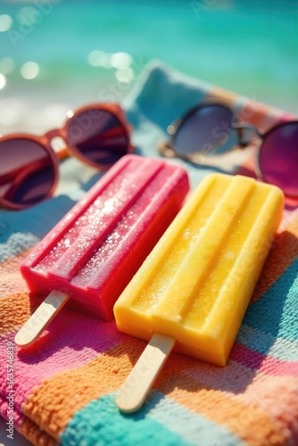 Brightly colored popsicles melting in the sun next to a vibrant beach towel and sunglasses, capturing the essence of a carefree summer day , delicious, colorful