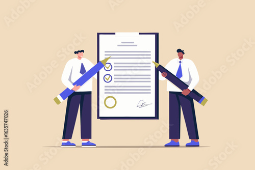 Two men with large pencils complete a checklist on a document