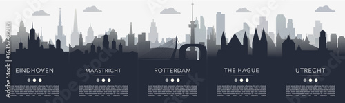 Netherlands cities gradient poster pack with copy space, text, skylines, landmarks of Eindhoven, Maastricht, Rotterdam, Hague, Utrecht. Vector illustration set. Monochrome travel images