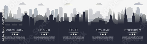 Nordic capital cities gradient poster pack with copy space, text, skylines, landmarks of Copenhagen, Helsinki, Oslo, Reykjavik, Stockholm. Vector illustration set. Monochrome travel images