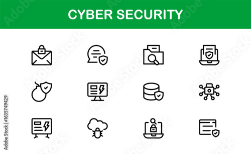 Cyber Security Icon Set in Minimal Vector Style Featuring Lock, Firewall, Encryption, Virus, and Privacy Symbols