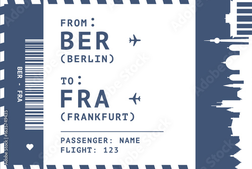 Berlin - Frankfurt, Germany domestic flight, luggage tag, boarding pass card. Vector illustration layout for infographic, postcard, sticker, print, promo with cities skylines