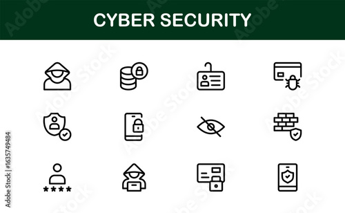 Cyber Security Icon Set in Minimal Vector Style Featuring Lock, Firewall, Encryption, Virus, and Privacy Symbols