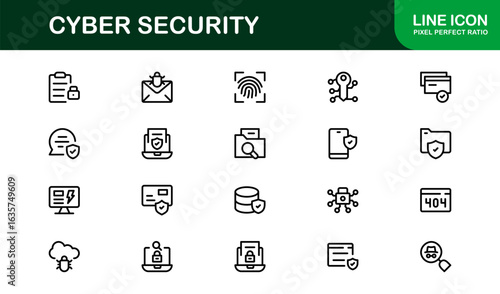 Cyber Security Icon Set in Minimal Vector Style Featuring Lock, Firewall, Encryption, Virus, and Privacy Symbols