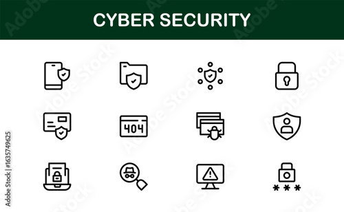 Cyber Security Icon Set in Minimal Vector Style Featuring Lock, Firewall, Encryption, Virus, and Privacy Symbols