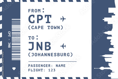 Cape Town - Johannesburg, South Africa flight, luggage tag, boarding pass card. Vector illustration layout for infographic, postcard, sticker, print, promo with cities skylines