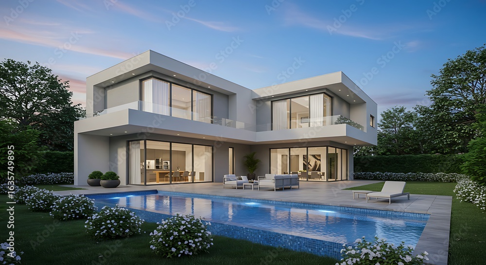 Fototapeta premium Modern luxury home with pool and spacious backyard, featuring sleek architecture and outdoor seating area under a clear blue sky.