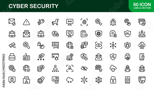 Cyber Security Icon Set in Minimal Vector Style Featuring Lock, Firewall, Encryption, Virus, and Privacy Symbols