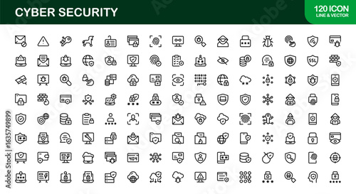 Cyber Security Icon Set in Minimal Vector Style Featuring Lock, Firewall, Encryption, Virus, and Privacy Symbols