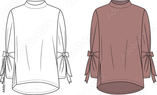 Stylish women's fashion design drawing, elegant blouse with bow-tie sleeves, casual and feminine apparel flat sketch, vector illustration