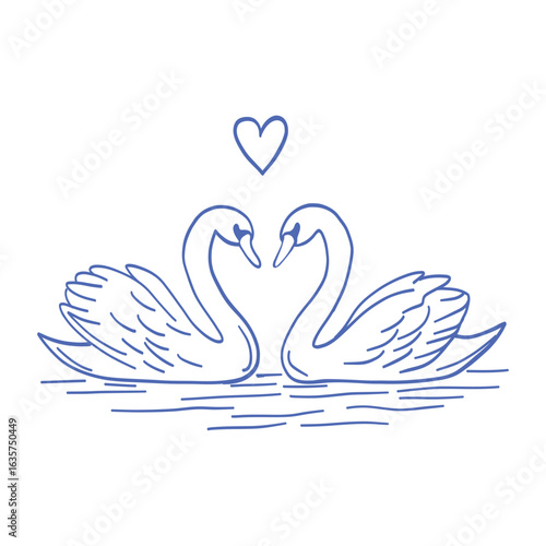 Two swans are swimming in a blue body of water with a heart in the middle