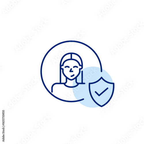 Verified female user profile, approved account, authenticated identity, trusted member. Pixel perfect, editable stroke vector icon