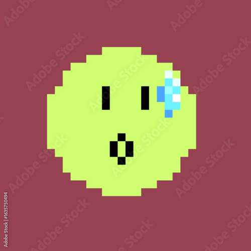 pixel art vector of an uncomfortable emoji expression with green water droplets.