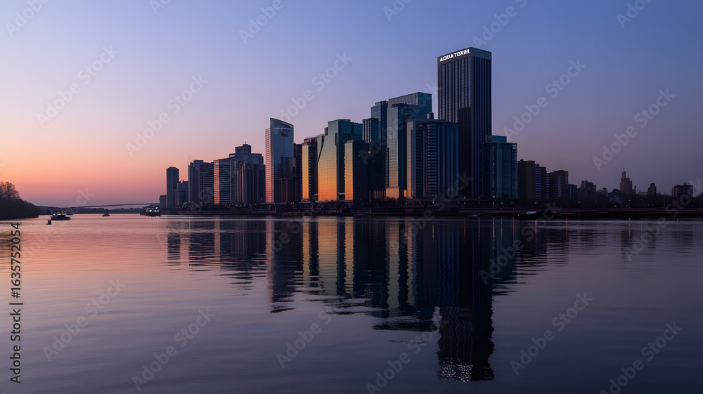 Naklejka premium Serene Twilight Skyline Reflection Modern City Buildings Glass Facades River Water Calm Surface Pink Orange Sunset Colors Boats Bridge