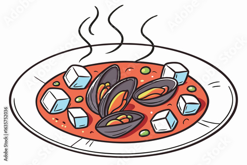 Illustration of a plate of mussels in red sauce with ice cubes and peas emitting wavy steam lines